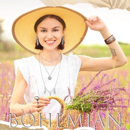 Ecally Bohemian Western Jewelry Turquoise Set Women Country Pendant Long Choker Layered Bracelets Earrings Ring for Women - color: White, style: Bohemia