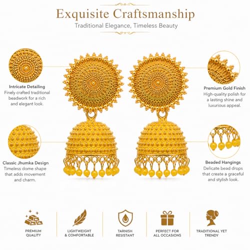 Sunflower Jhumka Jhumki Earrings with Pearl Drops for Ethnic and Wedding Wear, Anniversary, Daily Wear, Indian - color: Yellow