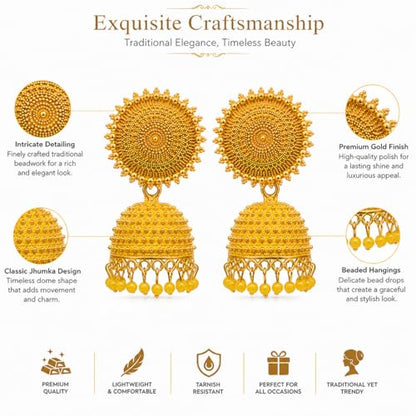 Sunflower Jhumka Jhumki Earrings with Pearl Drops for Ethnic and Wedding Wear, Anniversary, Daily Wear, Indian - color: Yellow