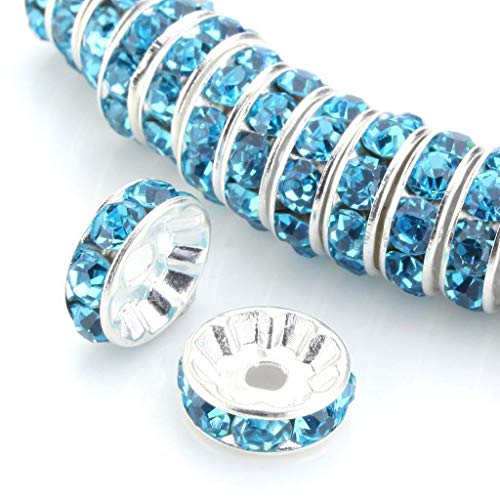 Allb 100Pcs Rondelle Spacer Beads 10mm Silver Plated Czech Crystal Rhinestone for Jewelry Making Loose Beads for Bracelets, Light Blue - color: Light Blue, size: 10mm