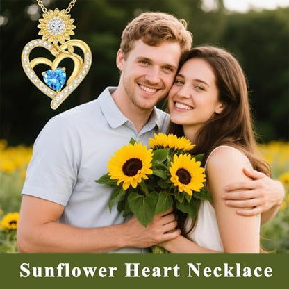Midari Sunflower Necklace 18k Gold Plated Heart with Brithstone You Are My Sunshine Necklace Anniversary Birthday Sunflower Jewelry Gift for Women Wife Mom - color: 03-March