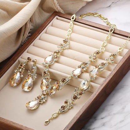 Wedding Bridal Jewelry Set for Women Prom Party Accessories | Shiny Multi Teardrop Cluster Crystal Statement Necklace Dangle Earrings Link Bracelet Set for Bride Bridesmaid - color: Champagne Gold-Plated-Base