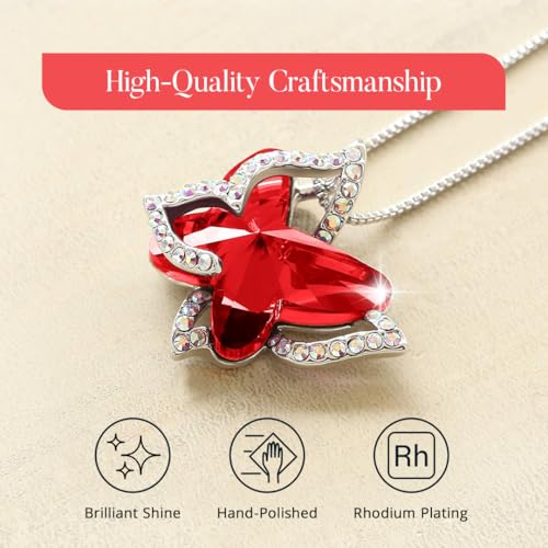 Butterfly Necklace, Birthstone Crystal, for Women, Silver Tone Pendant Jewelry, Anniversary Birthday Gift for Her, Wife & Mom, 18"+2" - color: 01-January & July Birthstone - Ruby Red Crystal