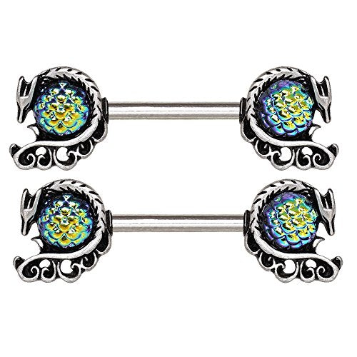 Pierced Owl 14GA 316L Stainless Steel Blue Green Cabochon Dragon Nipple Barbells, Sold as a Pair