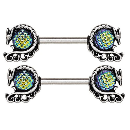 Pierced Owl 14GA 316L Stainless Steel Blue Green Cabochon Dragon Nipple Barbells, Sold as a Pair