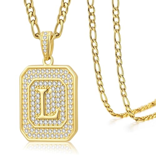 Initial Letter Pendant Necklace for Men Women, 14K/18K Gold A-Z | Square Monogram Pendant Jewelry Waterproof and colorfast with Figaro Chain, Gifts for Women Men - style: 14K Gold L