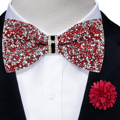 DiBanGu Mens Rhinestone Bow Tie with Ring and Lapel Pin Set | Adjustable Strap,Pre-tied Style,3PCS,Sequin Diamond Bowties，Solid/Mix Color,Shiny Accessory,for Party Prom Banquet Wedding - color: Red and Silver