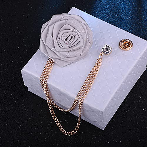 Fashion Bridegroom Wedding Brooches Cloth Art Hand-Made Rose Flower Brooch Lapel Pin Badge Tassel Chain Men's Suit Accessories - color: Gray