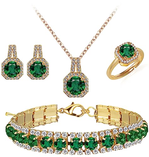 Paxuan 4pcs Cubic Zirconia Wedding Jewelry Sets for Bride Bridesmaid Cubic Zirconia Pendant Necklace Earrings Link Tennis Bracelet Open Ring Set for Women - color: Gold Plated Emerald Cubic Zirconia