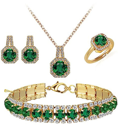 Paxuan 4pcs Cubic Zirconia Wedding Jewelry Sets for Bride Bridesmaid Cubic Zirconia Pendant Necklace Earrings Link Tennis Bracelet Open Ring Set for Women - color: Gold Plated Emerald Cubic Zirconia