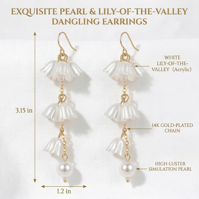 Kruckel Long Dangle Earrings for Women, White Floral Pearl-Inspired | Pearl Drop Earrings, Lightweight Gold-Tone Jewelry for Weddings, Parties, Bridesmaids, Birthdays and Occasion Gifts - color: White Gold D