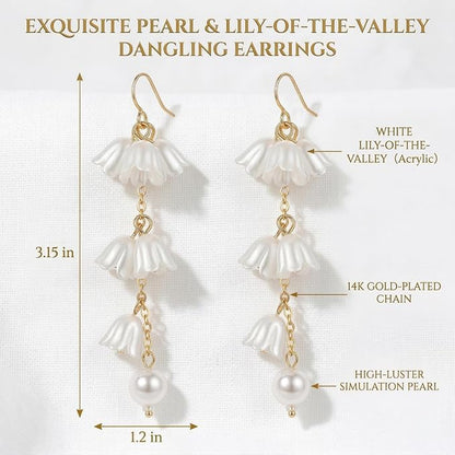Kruckel Long Dangle Earrings for Women, White Floral Pearl-Inspired | Pearl Drop Earrings, Lightweight Gold-Tone Jewelry for Weddings, Parties, Bridesmaids, Birthdays and Occasion Gifts - color: White Gold D