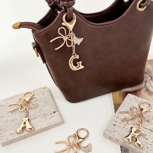 Gold Bubble Heart, Cherry, Bow & More Designs Letter Initial Keychain Bag Charms – Cute Purse Charms for Handbags - color: Bow & Butterfly, style: G