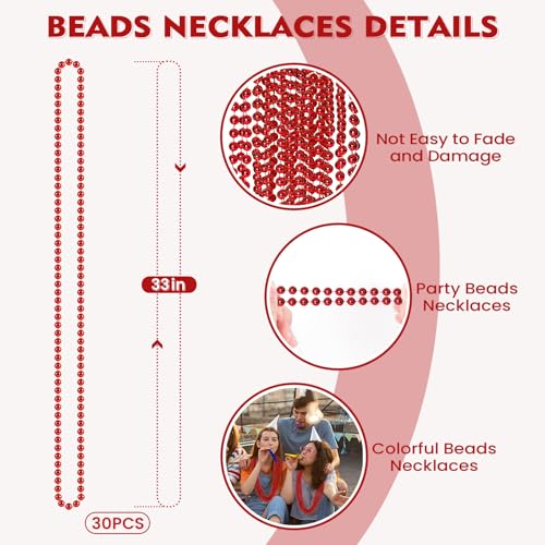 SHAOQINLIN 30 PCS Red Mardi Gras Beads, Red Christmas Beads, 33" Valentines Necklace Metallic Beaded Costume Necklaces Party Necklaces for Parade Throws Wedding Birthday Party Favorss - color: Red