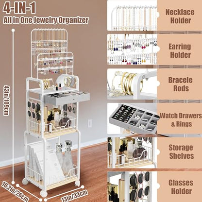 Large Jewelry Organizer Stand with Box Drawer, Multifunctional Display Cases with Wheels, Armoire Jewelry Cabinet for Earring Necklace Ring Bracelet Makeup