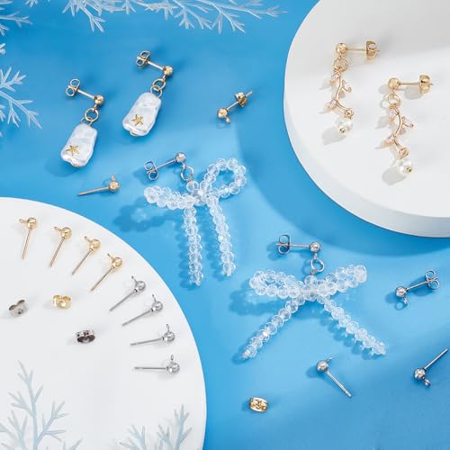 PH PandaHall 20 Pairs 304 Stainless Steel Earring Posts, Studs Flat Back Earrings Ear Pin Ball Post with Loop Butterfly Earring Backs for DIY Jewelry Making