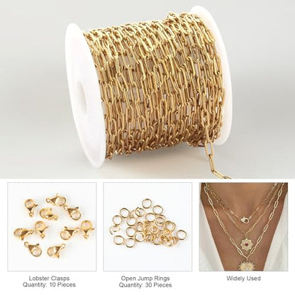 Kyutong 5M Gold PVD Plated Necklace Chain for Jewelry Making | 304 Stainless Steel Jewelry Chain Roll 3MM Paperclip Chain Link with Jewelry Clasps Men Women Handcraft DIY Jewelry Findings - color: 3mm Paperclip Gold