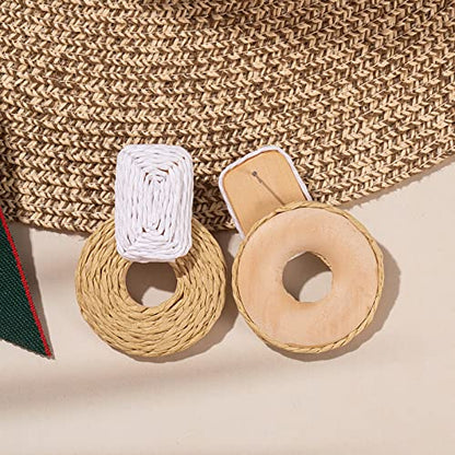 Statement Raffia Earrings Cute Boho Earrings Rattan Dangle Earrings Handmade Straw Wrap Earrings Summer Drop Dangling Earrings for Women Teen Girls - color: White/Nature