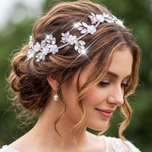 Catery Rhinestone Bridal Headband Wedding Headpiece for Brides (Silver) | Crystal Hair Jewelry Floral Pearl Hair Vine Wedding Hair Accessories Pieces for Bride Bridesmaid Prom Sparkly - color: Silver
