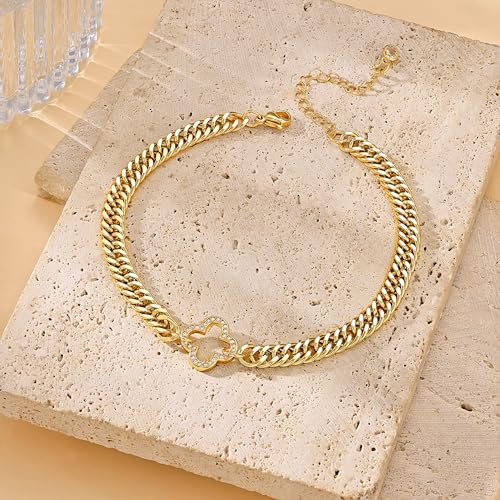Moodear Gold Ankle Bracelets for Women Waterproof,14K Gold Plated Anklets | Waterproof, Non Tarnish Cuban Link Anklets, Trendy Jewelry Accessories for Summer Vacation, Beach Gifts for Women - style: Cuban CZ Four Clover