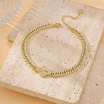Moodear Gold Ankle Bracelets for Women Waterproof,14K Gold Plated Anklets | Waterproof, Non Tarnish Cuban Link Anklets, Trendy Jewelry Accessories for Summer Vacation, Beach Gifts for Women - style: Cuban CZ Four Clover