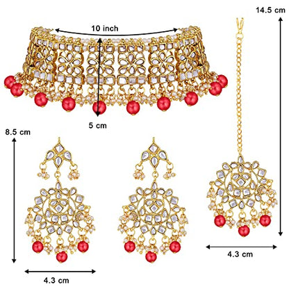 Aheli Elegant Indian Faux Kundan Studded Choker Necklace with Maang Tikka Set Ethnic Wedding Wear Bharatanatyam jewellery set Gift for Women - color: Red