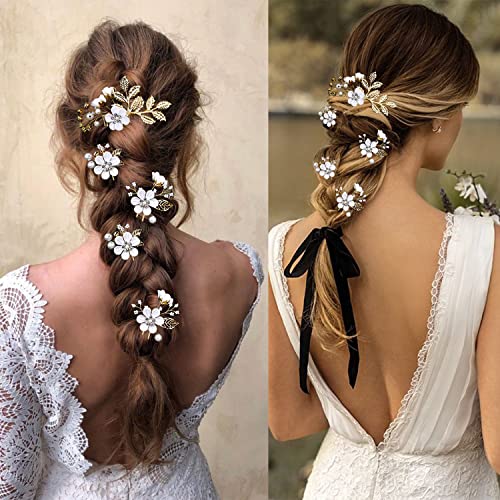 5 Pieces Bridal Flower Wedding Hair Pins Crystal Pearl Hair Pins Clips Headpiece Gold Wedding Hair Accessories Jewelry with Rhinestone for Brides Bridesmaids Women Girls Updo(Pure White Flower) - color: Exquisite Flower Leaves&Pure White Flower