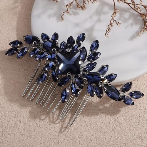 Square Rhinestone Hair Comb Silver Gold Rhinestone Wedding Headpiece Handmade Crystal Bridal Hair Comb Bridal Hairpiece for Brides Bridesmaid (dark blue) - color: dark blue