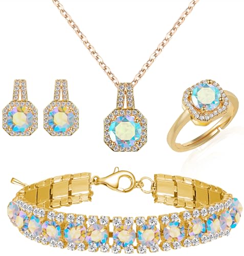 Paxuan 4pcs Cubic Zirconia Wedding Jewelry Sets for Bride Bridesmaid Cubic Zirconia Pendant Necklace Earrings Link Tennis Bracelet Open Ring Set for Women - color: Gold Plated Iridescent AB Cubic Zirconia