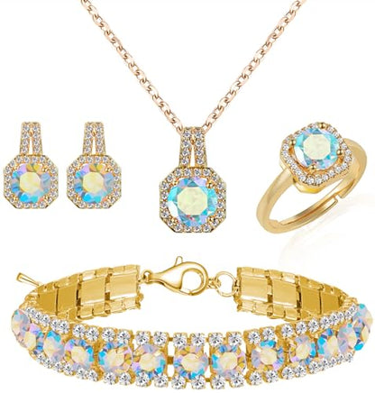 Paxuan 4pcs Cubic Zirconia Wedding Jewelry Sets for Bride Bridesmaid Cubic Zirconia Pendant Necklace Earrings Link Tennis Bracelet Open Ring Set for Women - color: Gold Plated Iridescent AB Cubic Zirconia