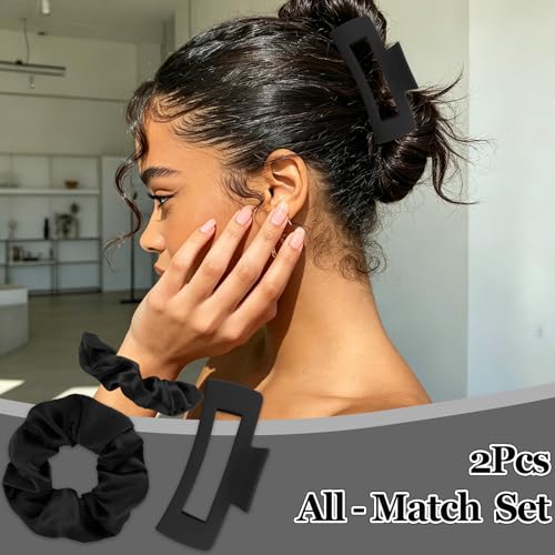 YISSION Claw Clip and Satin Scrunchie Set, 2 Pack Black Hair Accessories, No Damage Hair Ties Non Slip Large Hair Clips for Women Girls Thick Thin Hair Daily Wear Party Wedding - color: Black
