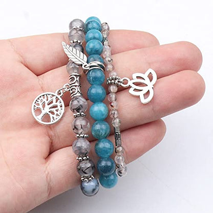 Tree of Life Yoga Healing Stone Bracelets,Multilayer Lotus Chakra Stone Reiki Bracelet Sets,Anxiety Crystal Natural Stone,for Women Stress Relief - style: Dragon's Vein Agate+apatite