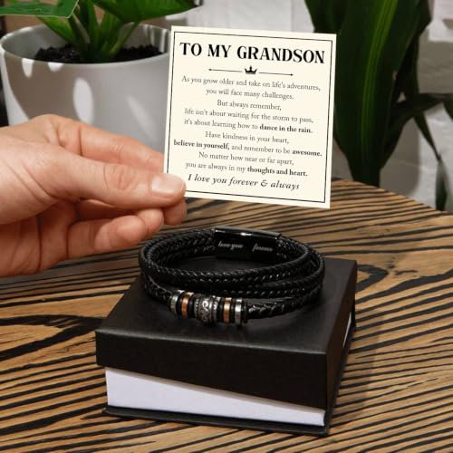 To My GrandSon Bracelet – Love You Forever Braided Leather Bracelet, Meaningful GrandSon Gift from Grandpa & Grandma with Heartfelt Message Card & Elegant Gift Box for Birthday, Christmas - color: Version#7