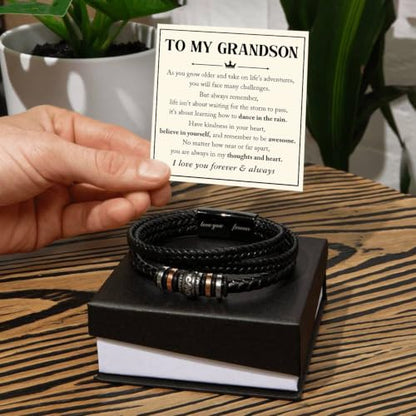 To My GrandSon Bracelet – Love You Forever Braided Leather Bracelet, Meaningful GrandSon Gift from Grandpa & Grandma with Heartfelt Message Card & Elegant Gift Box for Birthday, Christmas - color: Version#7