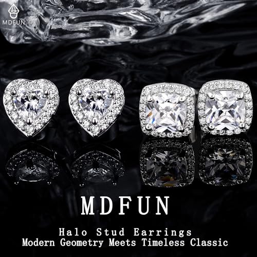 MDFUN Halo Stud Earrings 18K Gold Plated Round/Square/Heart/Teardrop Cubic Zirconia Earrings Set for Women - color: A-Square/Heart