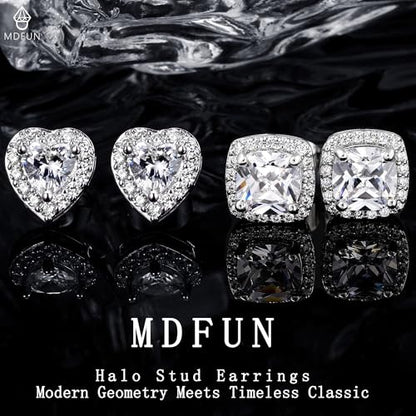 MDFUN Halo Stud Earrings 18K Gold Plated Round/Square/Heart/Teardrop Cubic Zirconia Earrings Set for Women - color: A-Square/Heart
