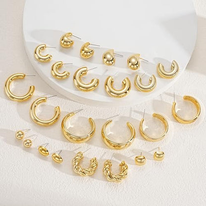 12 Pairs Chunky Gold Hoop Earrings for Women Trendy, Gold Plated Lightweight Hypoallergenic Stack, Thick Open Twisted Huggie Hoops Earring Set - color: 12 Pairs Gold Hoop