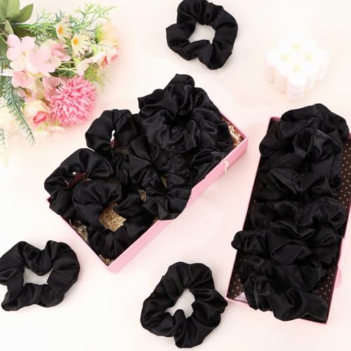 Jaciya Satin Scrunchies for Women Black Hair Scrunchies Elastic Hair Ties | 24 Pack Elastic Hair Ties for Ponytails and Buns - color: Black