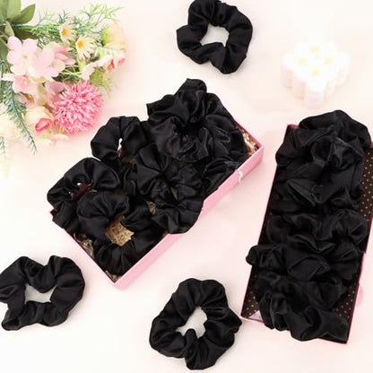 Jaciya Satin Scrunchies for Women Black Hair Scrunchies Elastic Hair Ties | 24 Pack Elastic Hair Ties for Ponytails and Buns - color: Black