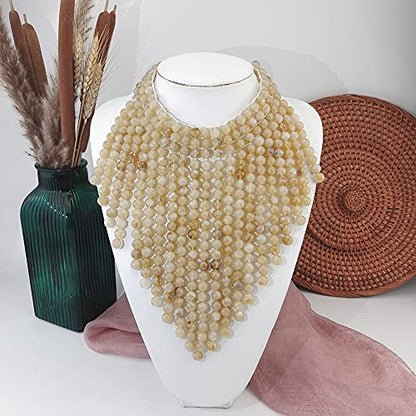 Coiris Boho African Wooden or Acrylic Beaded Bib Statement Necklace Strands Layered Cluster Chunky Collar Choker Wood Necklace for Women Fashion Costume Jewelry - color: Beige