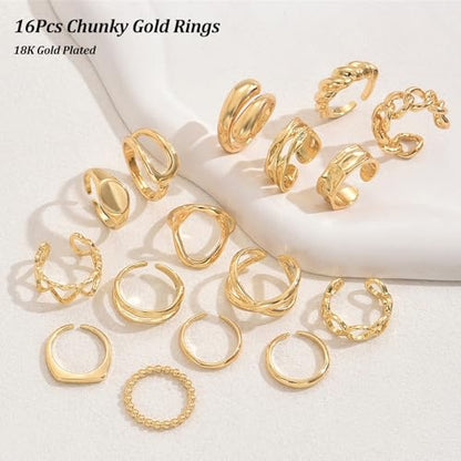 Chunky Stackable Rings Set for Women Non Tarnish Adjustable Open Stacking Knuckle Ring Chunky Joint Finger Midi Rings Pack Dainty Simple Statement Jewelry - style: B-16pcs