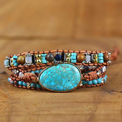 Handmade Boho Wrap Bracelets Natural Turquoise Crystal Stone Variety Beaded Strand Bracelet - color: Green Opal