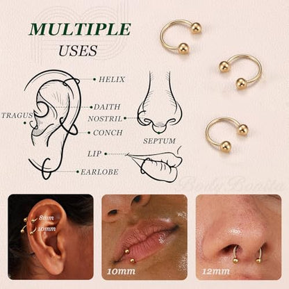 G23 Titanium 14/16/18/20G Septum Rings Horseshoe Nose Ring Jewelry | 2/3Pcs Circular Barbell Spike Lip Body Piercing Jewelry Conch Helix Tragus Earring Silver/Black 8/10/12mm 14K Gold Plated - color: Gold-3pcs, size: Balls-3pcs-20g-8mm