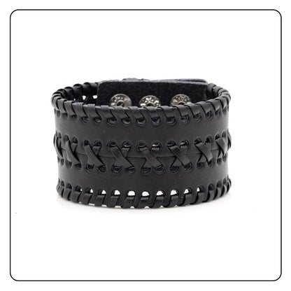 Punk Rock Wide Cuff Wristband Braided Leather Bracelet - color: Black