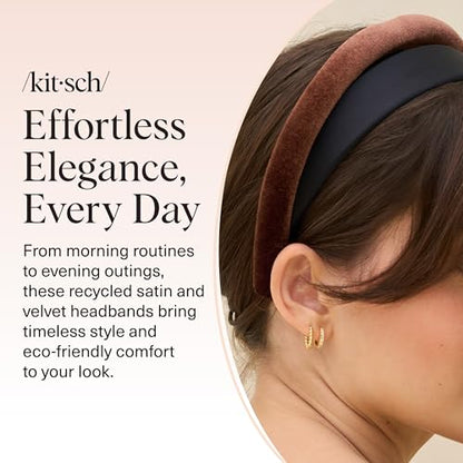 Kitsch Velvet & Satin Headbands for Women - Black & Chocolate, 2pc Set | Non Slip, Soft and Lightweight – Stylish Headbands for Girls with Chic Neutral Shades – Ideal Gifts for Women - color: Black & Chocolate