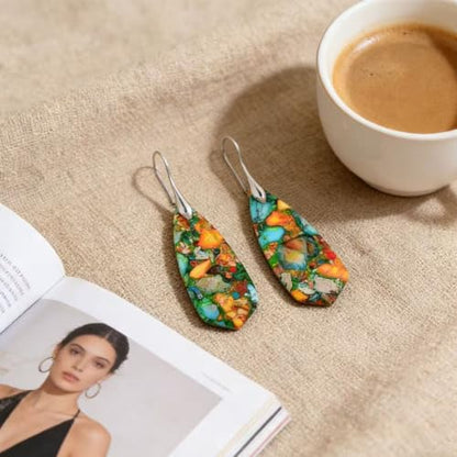Boho Natural Imperial Jasper Teardrop Dangle Earrings for Women – Hypoallergenic French Hook Stone Drop Earrings Jewelry - color: Colorful Silvery Hook