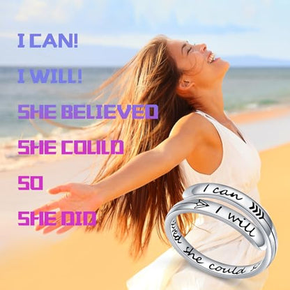 Ladytree Adjustable Inspirational Rings 925 Sterling Silver Stacking Wrap Spiral Twist Statement Band Encouragement Birthday Gift for Women Men - style: She believed she could so she did ，I can I will