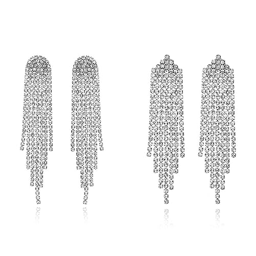 Luxval Rhinestone Earrings Dangling for Women Sparkly Silver Dangle Earrings Girls Long Chandelier Earrings Tassel Lightweight Ear Studs Cubic Zirconia Crystal Statement - color: Silver-2Pairs Tassel Sets