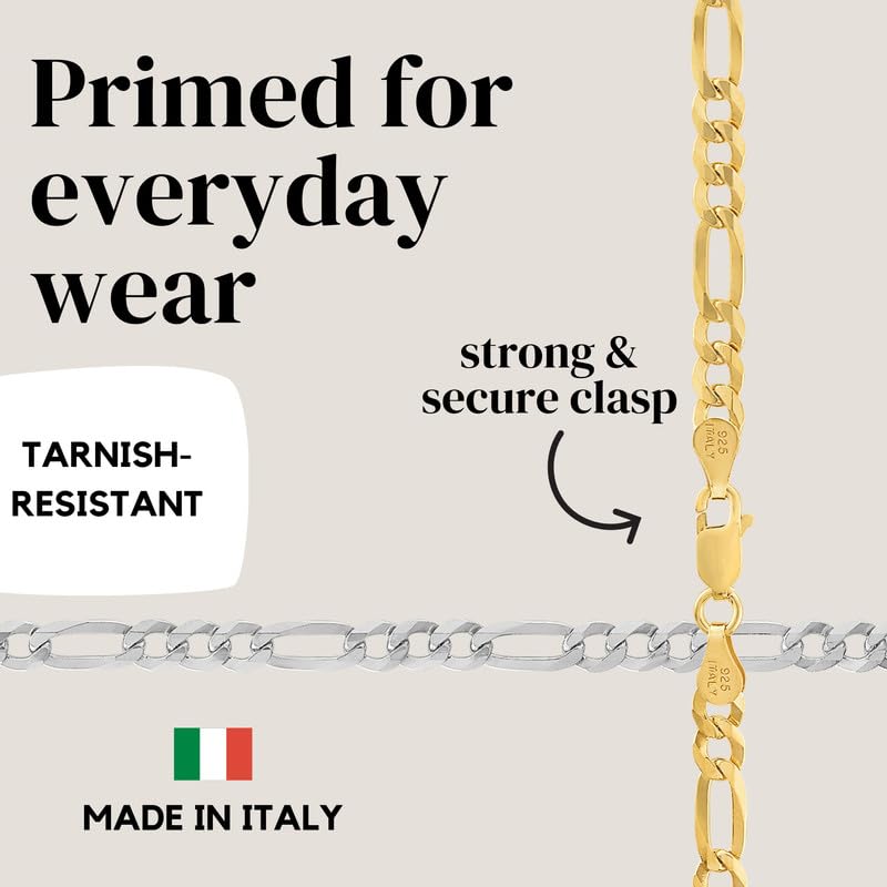 KISPER Italian 925 Sterling Silver Diamond Cut 5mm Figaro Link Chain Necklace & Bracelet Set - 22" Necklace & 7" Bracelet - Made in Italy