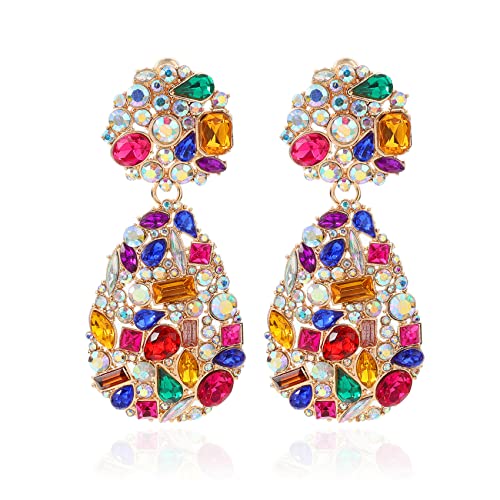 Rhinestone Statement Earrings Teardrop Costume Earrings Cluster Crystal Chandelier Drop Dangle Earrings for Women - color: Colorful